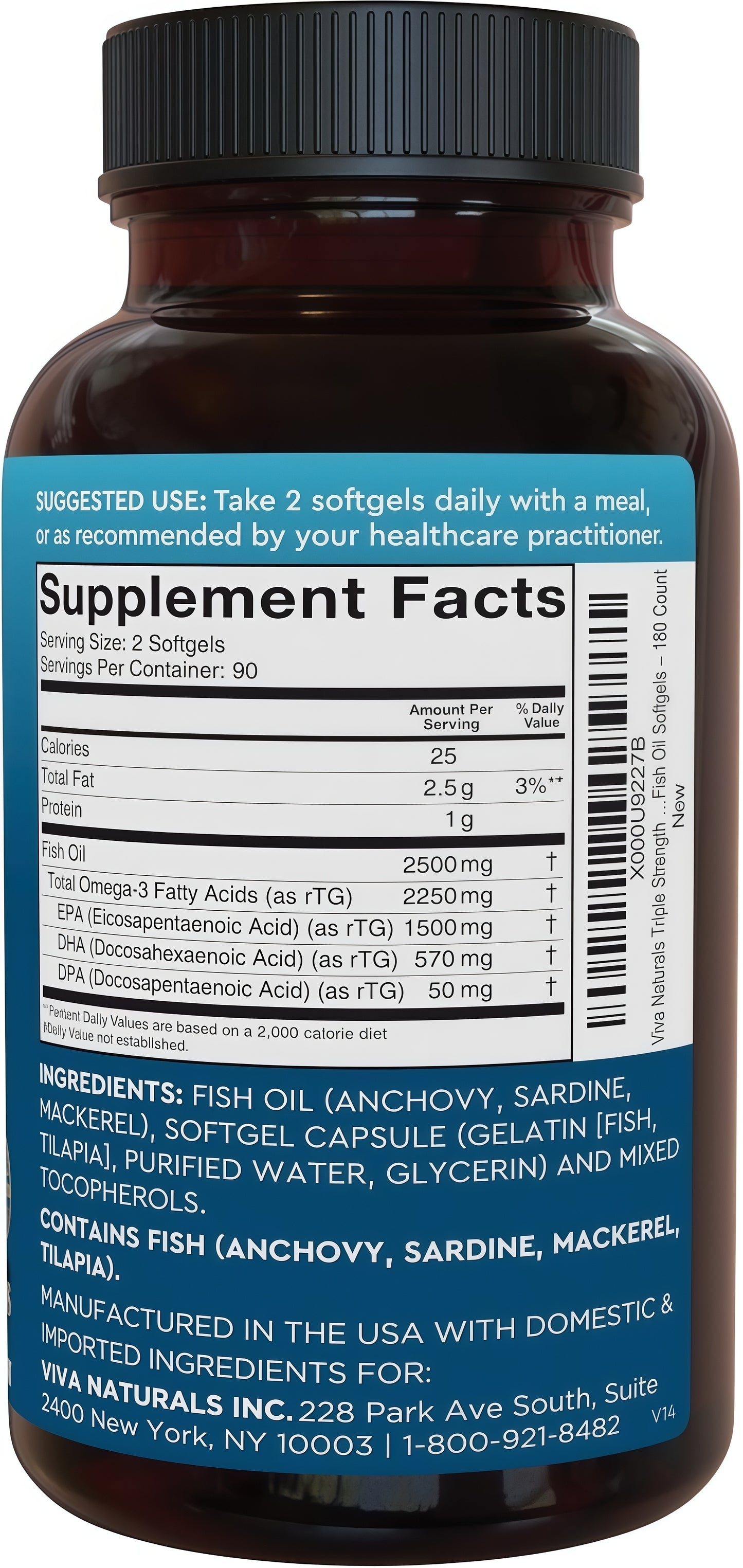Triple Strength Omega 3 Fish Oil Supplement for Men and Women – 2500 mg High-Potency, Easy-to-Absorb Re-esterified Triglyceride Form, Pescatarian-Friendly DPA EPA DHA Omega 3 Supplement, 180 Softgels